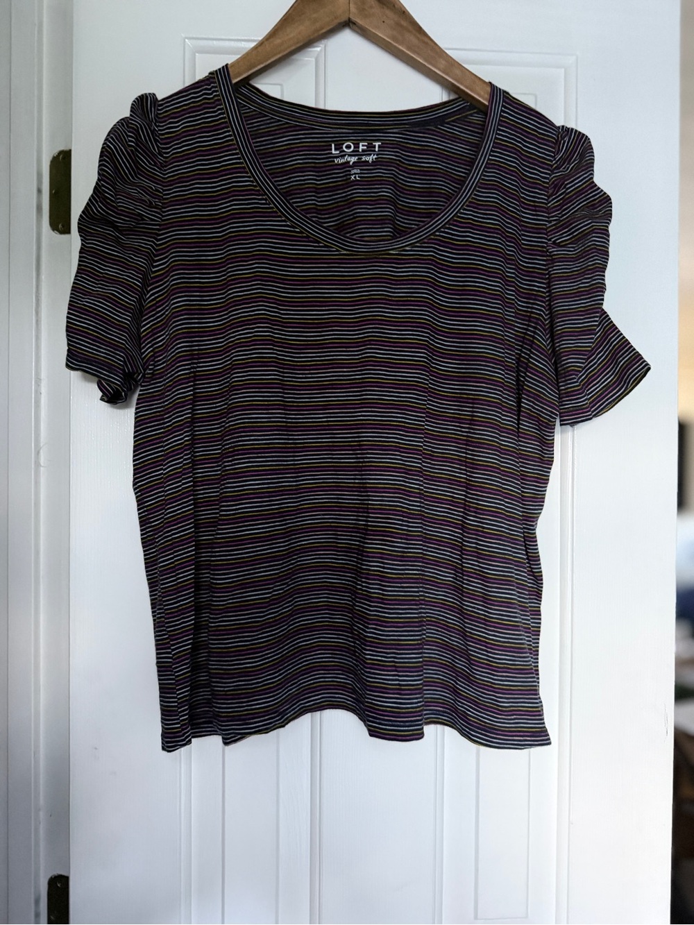 LOFT Striped Puff-Sleeve Crewneck Top in Black with Multicolor Stripes XL